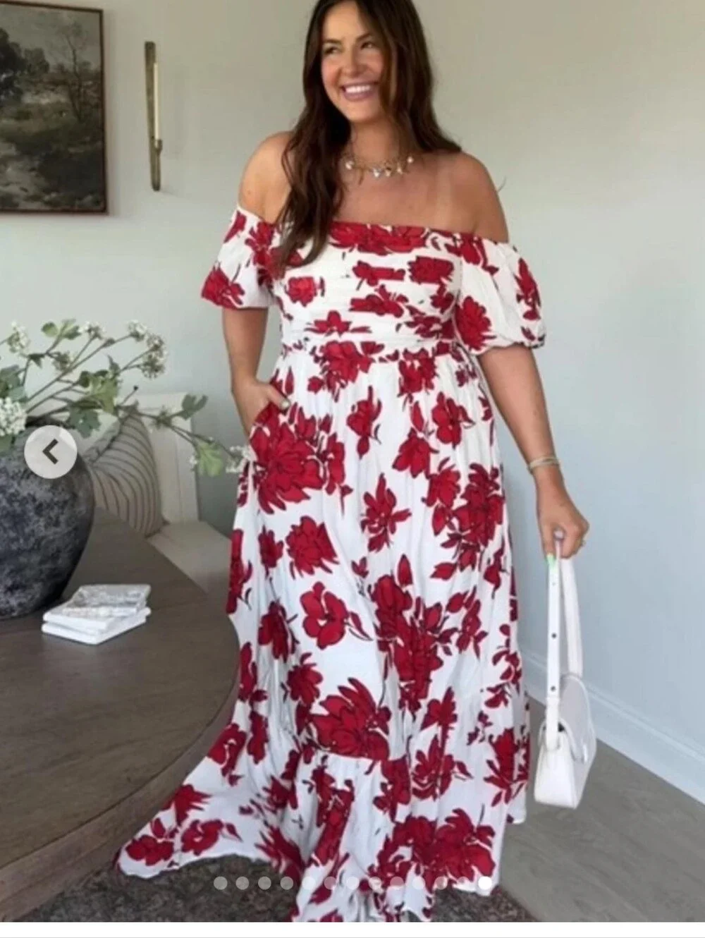 Abercrombie & Fitch Emerson Off Shoulder Maxi  Dress In Red and White Botanical